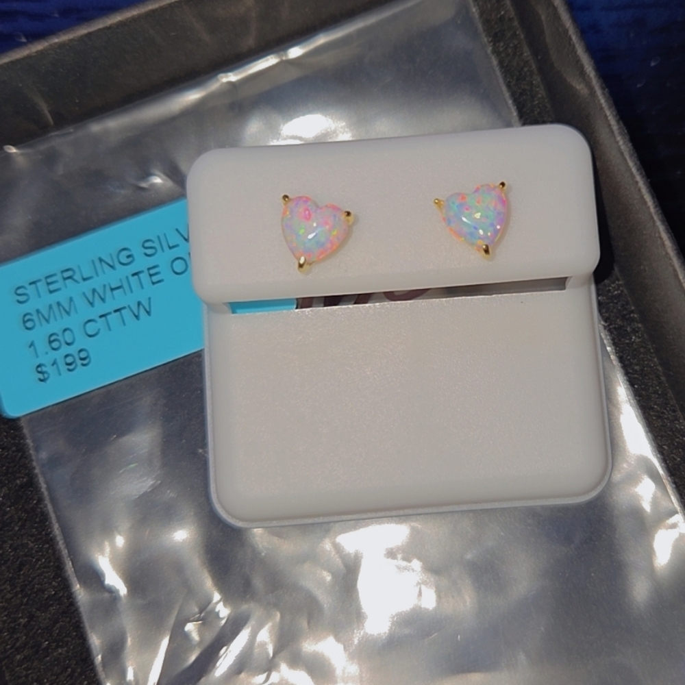 Heart-Shaped Sterling Silver Opal Stud Earrings